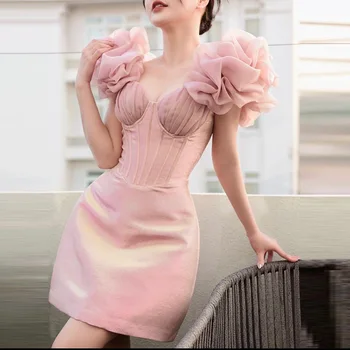 Женское Розовое мини-платье Sweet Party 2023, Новое элегантное платье принцессы с пышными рукавами и высокой талией, женское платье для вечеринки на день рождения