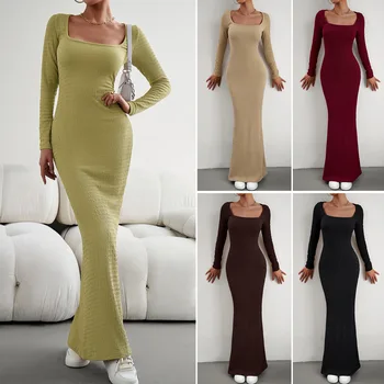 Женское трикотажное платье Kardashian INS Sexy 2023 с квадратным вырезом и длинным рукавом
