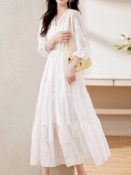 Женское элегантное белое кружевное платье миди с цветочным рисунком, свадебные платья с длинным рукавом и V-образным вырезом, коктейльные с рюшами