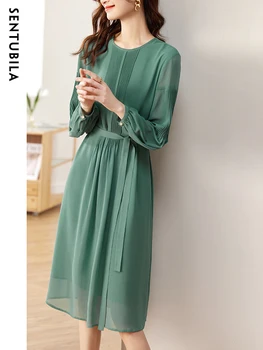 Зеленое шифоновое платье Sentubila с завязывающимся поясом, женское платье свободного кроя, весна-осень, Элегантные миди-платья в складку, Lady 123L42508