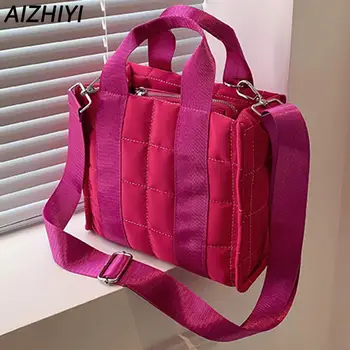 Зимняя сумка-тоут из фугу для женщин, стеганая сумка через плечо с подкладкой, розовая сумка с верхней ручкой, хлопковая сумка-мессенджер для покупок
