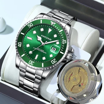 Классические зеленые роскошные мужские часы с вращающимся безелем, светящимся циферблатом, ремешком из нержавеющей стали, механические часы на батарейках KIMSDUN