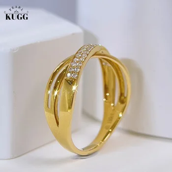 Кольца из желтого золота KUGG 18 Карат Роскошный Дизайн креста Обручальное кольцо с настоящим натуральным парным бриллиантом для женщин на высокой свадебной вечеринке