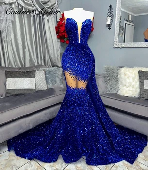 Королевский синий Кристалл, расшитый бисером, блестки, милые Элегантные вечерние платья для дам, роскошное платье со шлейфом для официальных мероприятий, платье