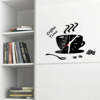 Креативные настенные часы в форме кофейной чашки, современный дизайн, 3D зеркальные настенные часы, наклейки для украшения стен в домашней комнате, кухне своими руками.