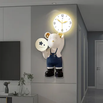 Креативные часы с медведем, настенный светильник, мультяшные часы, настенные часы, стол в гостиной, настенные современные минималистичные модные роскошные часы