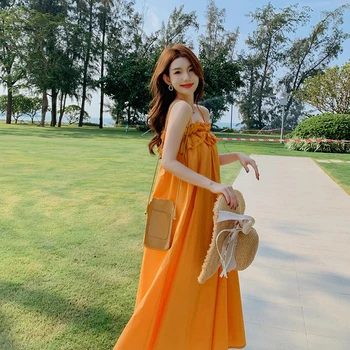 Летнее женское Оранжевое Пляжное Длинное элегантное платье Миди в Корейском стиле, Богемный шик, Повседневный халат в нежном стиле, новые платья