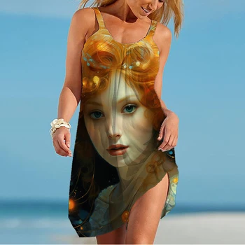 Летнее Мини-платье с 3D Портретным Принтом, Графическое Уличное Повседневное Сексуальное Женское Платье На подтяжках, Модное Универсальное платье Оверсайз