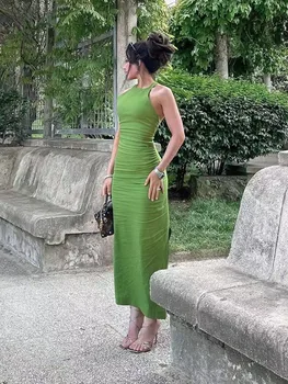 Летнее платье TRAF Женское 2023, топ-труба с подвешенным вырезом, облегающие вечерние платья с рюшами, Шикарное зеленое уличное платье