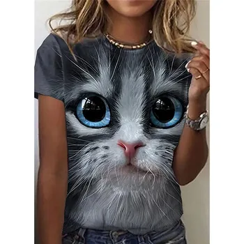 Летние женские футболки 2023 года с 3D принтом и изображением милого кота, топы с короткими рукавами, футболки, модная женская одежда, уличная одежда, Женский оверсайз