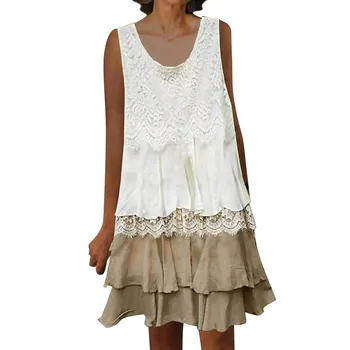 Летние платья на бретелях без рукавов с кружевной строчкой для женщин 2023, С круглым вырезом, свободные, длиной до колен, платья-качели, женская одежда