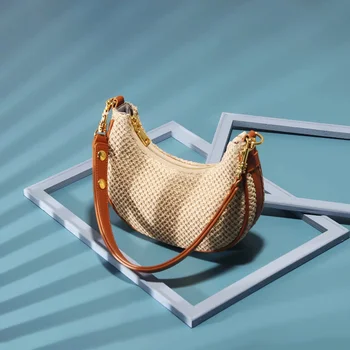 Летняя женская сумочка через плечо из соломенной ткани, 2023, модная сумочка с ручкой сверху в виде полумесяца, легкая пляжная дорожная сумка-слинг