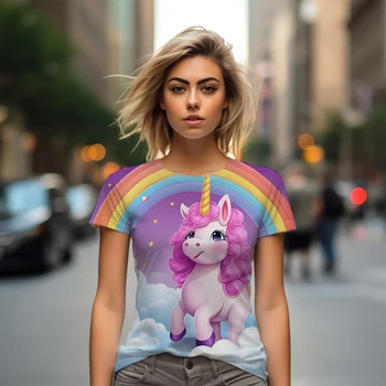 Летняя новая женская футболка с мультяшным единорогом, женская футболка с 3D-печатью, милая стильная повседневная женская футболка, модная женская футболка