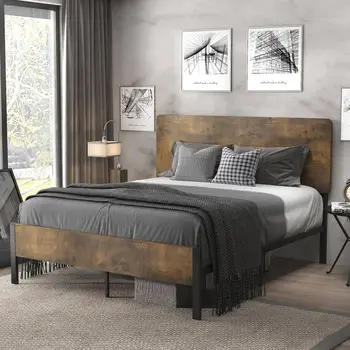 Металлический каркас кровати на платформе в натуральную величину с деревянным изголовьем, черный и коричневый