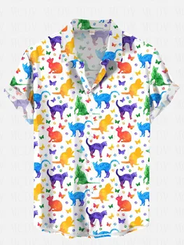 Модная летняя радужная рубашка с принтом в виде Кота и бабочки с коротким рукавом, 3D Гавайские рубашки