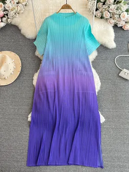 Модное Длинное платье в винтажную складку градиентного цвета для женщин, Лето 2023, Круглый вырез, Свободные Повседневные роскошные женские платья большого размера