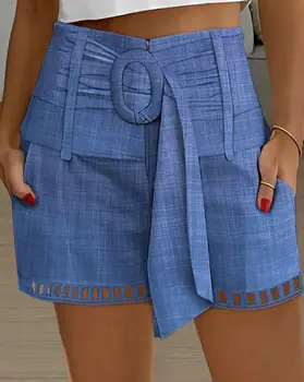 Модные женские шорты с высокой талией, с поясом, выдалбливают Дизайн, легкая растяжка 2023 Летние повседневные короткие брюки Женские