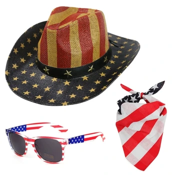 Мужская ковбойская шляпа в западном стиле, бандана, солнцезащитные очки, винтажная ковбойская шляпа, один размер, подходящий для большинства мужчин и женщин
