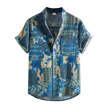 Мужские Гавайские рубашки, Летние Хлопчатобумажные рубашки с коротким рукавом, Рубашки с отложным воротником и принтом, Винтажные Хлопчатобумажные Льняные Этнические рубашки, камизы
