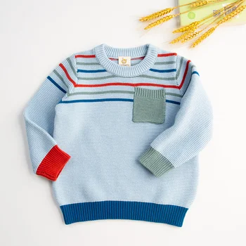 Мягкий хлопковый свитер с длинными рукавами для мальчиков, вязаный пуловер с круглым вырезом, теплые толстовки в контрастную полоску с передним карманом