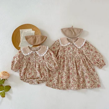 Новая подходящая одежда для сестры, комбинезон с цветочным рисунком для маленьких девочек, платье принцессы с кукольным воротником для девочек