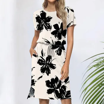 Новое летнее женское платье с цветочным принтом, элегантное красивое платье миди с коротким рукавом, пляжное платье в стиле бохо, одежда Vestido