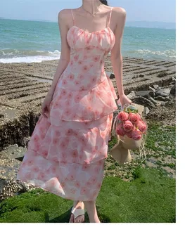 Новое летнее платье Миди без рукавов с цветочным принтом, Элегантное Сексуальное Французское Винтажное платье на бретелях, Женское вечернее платье с оборками, Корейская мода