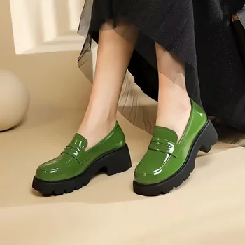 Новые лоферы на толстой подошве в британском стиле, женские ретро-туфли с круглым носком на толстом каблуке из натуральной кожи, удобные туфли на среднем каблуке большого размера b