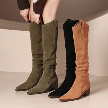 Новый бренд, Элегантные женские ботинки, осень-зима, V-образный вырез, ретро, Тонкие сапоги до колен, Плиссированные Длинные ботинки на толстом каблуке, Сапоги в стиле Вестерн Найт