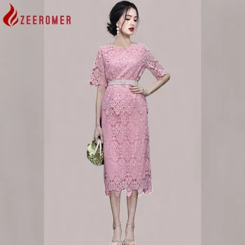 Новый Летний Корейский модный Элегантный Розовый комплект из 2 предметов, кружевное платье с жемчужным поясом, Женское платье с круглым вырезом и коротким рукавом, облегающее Офисное праздничное платье, костюм