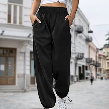 Однотонные женские Длинные штаны для бега трусцой Хлопчатобумажные брюки для спортивных танцев Свободного кроя с завязками, легкая полоска повседневной одежды