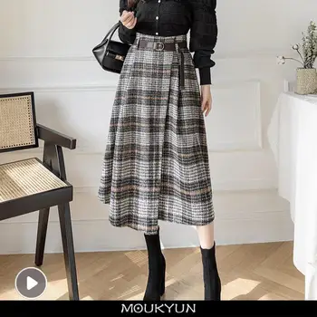 Осенне-зимние женские длинные юбки MOUKYUN, элегантная уличная одежда, нерегулярная клетчатая юбка, женские модные юбки трапециевидной формы с поясом