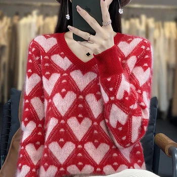 Осенне-зимний женский кашемировый свитер с V-образным вырезом и подходящим по цвету рисунком из 100% чистой шерсти, вязаная нижняя рубашка с длинными рукавами