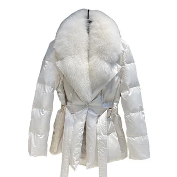 Осенне-зимняя женская одежда 2023 года, новая мода, большой воротник из лисьего меха, гусиный пух, пуховик средней длины 0907