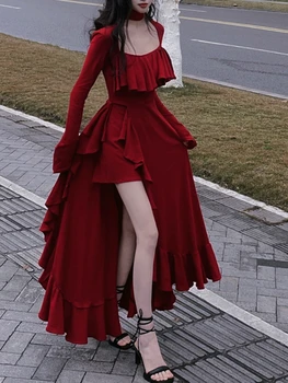 Осеннее Красное Винтажное Элегантное платье Для женщин с расклешенными рукавами, Дизайнерское Милое Длинное платье с женскими оборками, платье принцессы в стиле ретро нерегулярной формы 2023