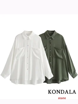 Основы повседневного стиля KONDALA, женская блузка с карманами, однобортная свободная блузка с отложным воротником, модные осенние рубашки 2023 года