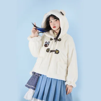 Плюшевая куртка в стиле Лолиты, милая меховая куртка с мишкой-шариком, зимняя одежда из искусственной шерсти ягненка с плюшевым утолщением