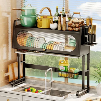 Полка для кухонной раковины, подставка для слива посуды с дверцей шкафа, Регулируемый пылезащитный органайзер для чаш и тарелок, органайзер для кухонных принадлежностей