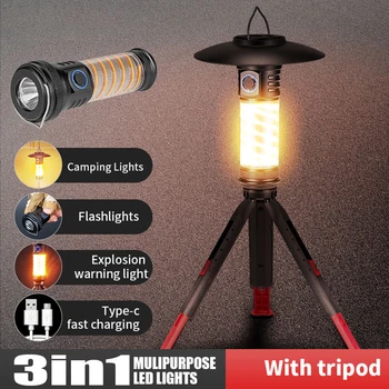 походный фонарь 3в1, USB Перезаряжаемый подвесной светильник для палатки, 2000 мАч, 6 режимов освещения, наружный светодиодный фонарик, аварийные сигнальные огни