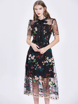 Ретро Сетчатое Офисное платье с цветочной вышивкой для женщин, Летнее Тюлевое платье Миди с коротким рукавом, Милое Элегантное тонкое вечернее платье для вечеринки