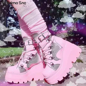 Розовые ботинки на танкетке с ремешком на толстой подошве, Новые модные короткие сапоги Y2K большого размера с пряжкой для ремня, женские ботинки в стиле панк