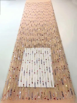 Свадебное платье из кружевной ткани с бисером 2023, Высококачественная Сетчатая тюлевая ткань с блестками в нигерийском стиле, Роскошные хрустальные бусины ручной работы, 5 ярдов
