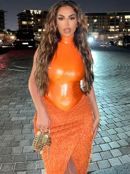Сексуальный комплект из двух частей с юбкой Mozision, женское оранжевое боди без рукавов с круглым вырезом и плюшевой юбкой, женский сексуальный комплект из двух частей в обтяжку
