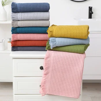 Скандинавское банное полотенце с геометрической кисточкой, 100% хлопок, разноцветная вафля, для ванной комнаты для взрослых, большая шаль, быстросохнущее пляжное полотенце размером 90x180 см