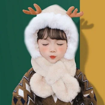 Смешанный зимний шарф с мультяшными оленьими рогами, цельный пуловер для мальчиков и девочек, теплая шапка для защиты ушей, цельная шапка 