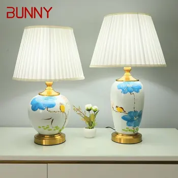 Современная керамическая настольная лампа BUNNY со светодиодной подсветкой в китайском стиле с креативным рисунком листьев лотоса для дома, гостиной, спальни