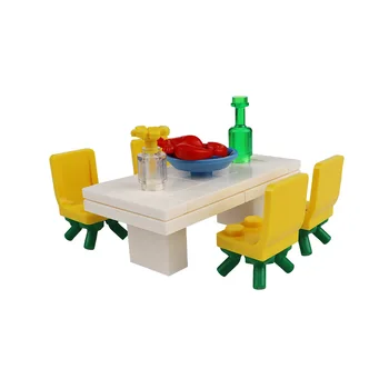 Строительный блок из мелких частиц MOC Обеденный стол, посуда, Стулья, кухонная мебель для кухни, совместимая с конструктором LEGO