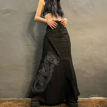 Темная нишевая юбка на бретелях с принтом дракона, женская легкая прохладная тонкая юбка, лето 2023, новая модная длинная юбка для горячих девушек.
