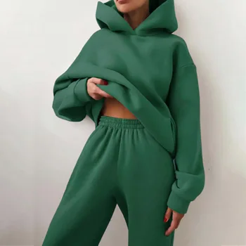 Темно-зеленый спортивный комплект из 2 предметов, осенне-зимние однотонные теплые повседневные спортивные штаны с капюшоном, комплекты, прямая поставка, оптовая продажа
