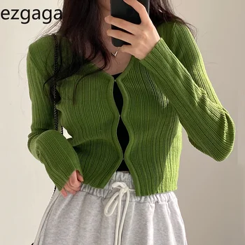 Укороченный женский V-образный вырез на пуговицах, однотонный эластичный тонкий Весна 2022, вязаные топы с длинным рукавом, повседневный женский свитер